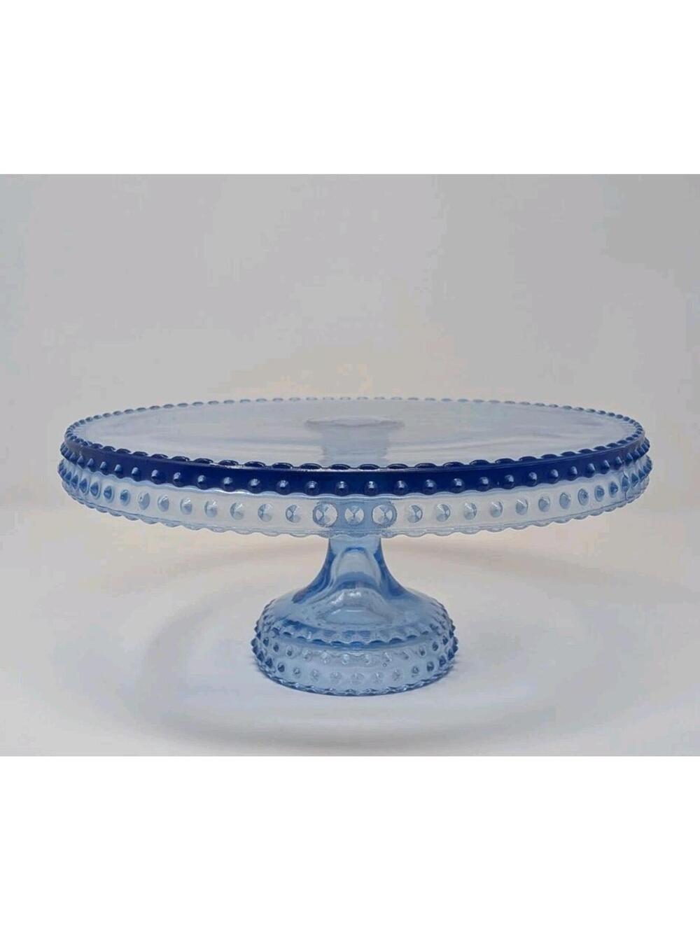 Vintage L.E. Smith Blue Hobnail “Blueberry” Glass Pedestal Cake Stand 11" Inch